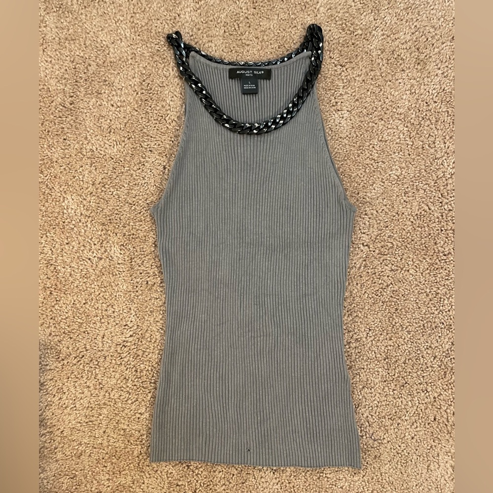 august silk Gray Ribbed Viscose & Silk High-Neck Tank